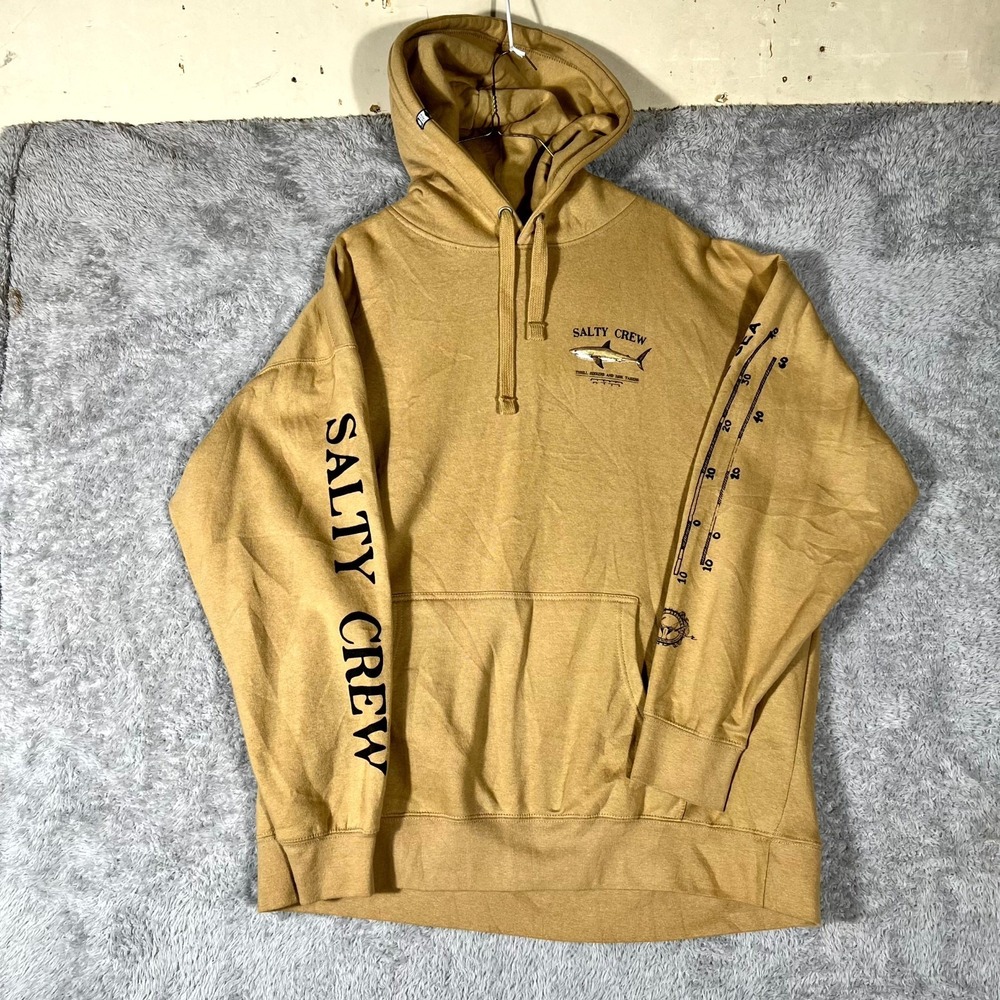 Salty Crew Hoodie Mens 2XL Tan Shark Graphic Fleece Kangaroo Pockets Pullover